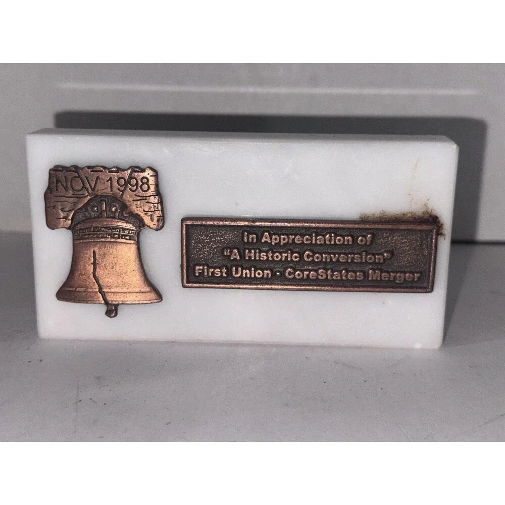 Vintage 1998 First Union CoreStates Merger Marble Liberty Bell Paperweight